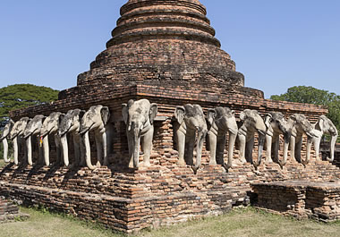 The elephants on this ancient temple have been reconstructed. 