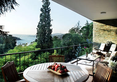 A balcony with a scenic view