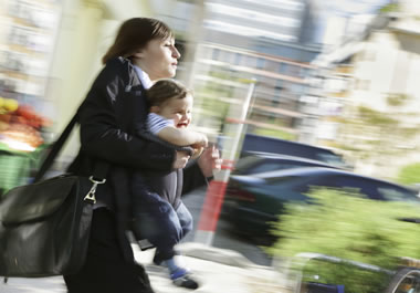 A frantic mother on her way to daycare and work