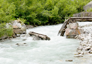 A footbridge collapsed in heavy rains.