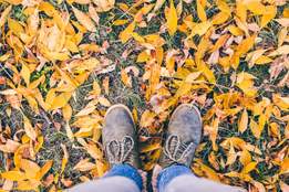point of view shot of feet standing on fallen leaves