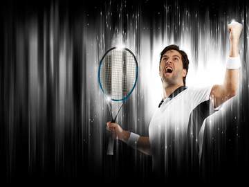 crazed looking man with tennis racket