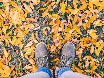 point of view shot of feet standing on fallen leaves