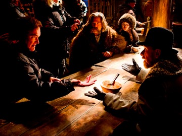 quentin tarantino directs kurt russell jennifer jason leigh and tim roth on the set of the hateful eight