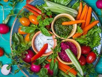 veggie crudite platter with three different dips