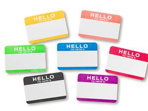 multi colored hello my name is tags