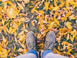 point of view shot of feet standing on fallen leaves