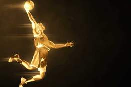 3d rendering of a basketball player mid-leap