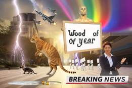 a bizarre collection of ai-generated illustrations including a sign that reads wood of of year and a chyron that reads breaking news