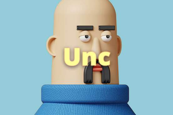 3d illustration of a unimpressed mustached man wearing a blue turtle neck with the text unc