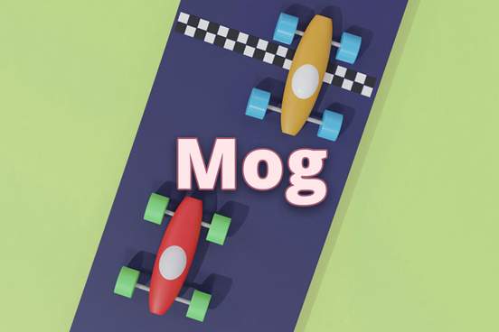 3d illustration of two toy go carts crossing the finish line with the text mog