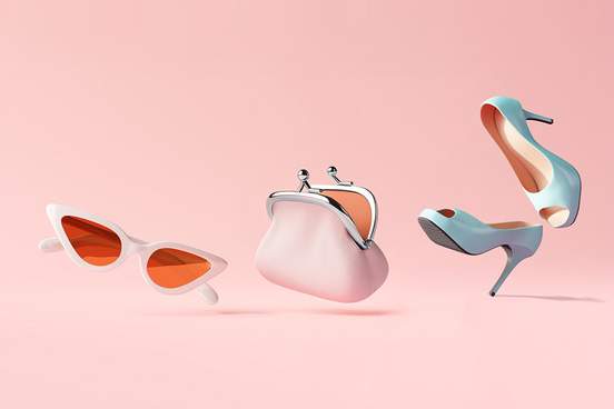 3d render of stylish pink sunglasses and a pink purse and blue high heels