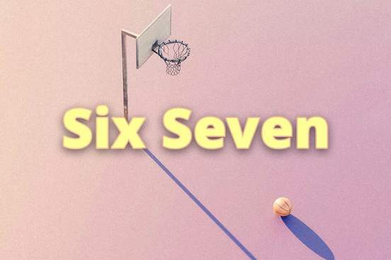 3d rendering of a basketball hoop and ball on a pink background with text six seven on top