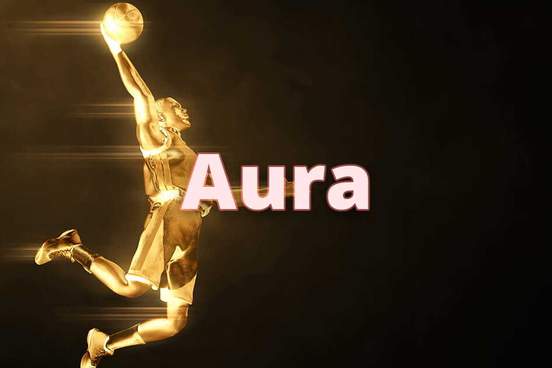 3d rendering of a basketball player mid-leap with text aura on top
