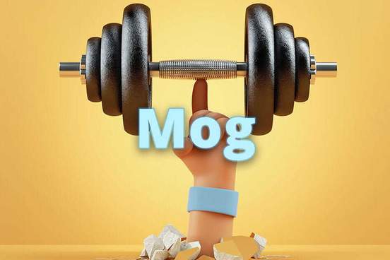 3d rendering of a hand balancing a heavy weight on one finger with text mog