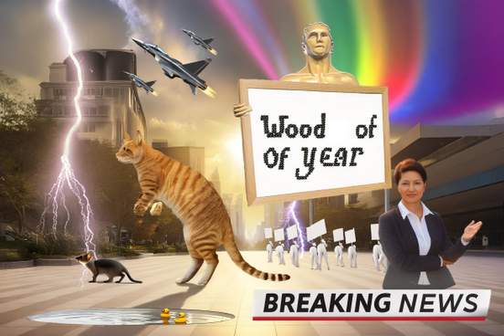 a bizarre collection of ai-generated illustrations including a sign that reads wood of of year and a chyron that reads breaking news