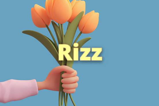 arm holding out a bouquet of flowers and rizz text