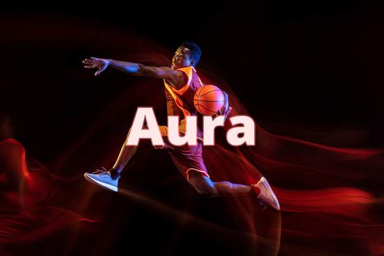 basketball player mid-leap with aura text
