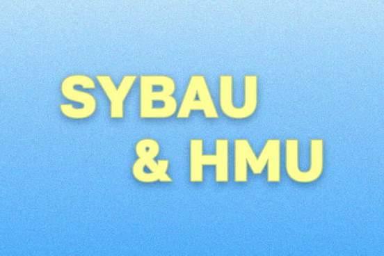blue gradient with the text sybau and hmu in a yellow font
