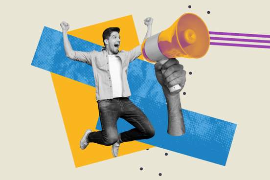 collage illustration of a man leaping and a hand holding a megaphone