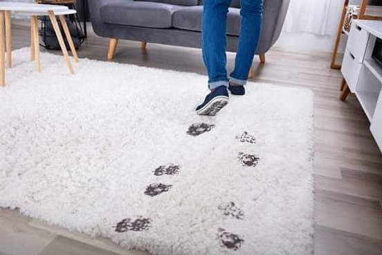 feet tracking mud on white rug