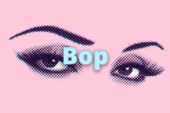 halftone vector illustration of beautiful female eyes with text bop on top
