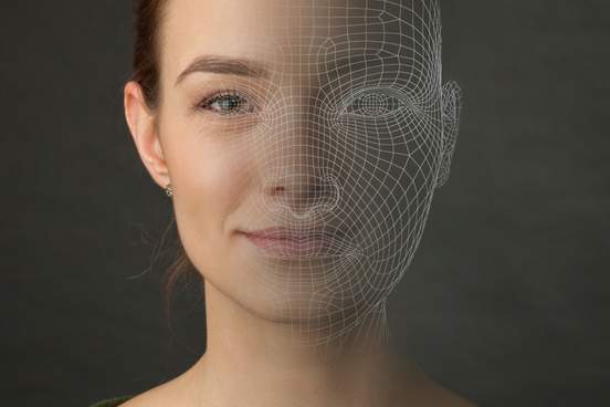 illustration of a face overlaid with wireframe grid