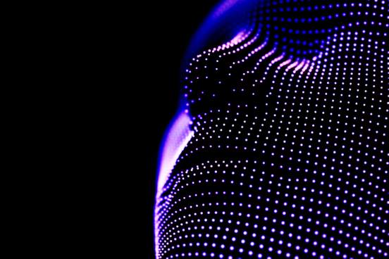 illustration of sentience an array of pale purple and blue dots showing the contours of a human face tilted upward on a black background