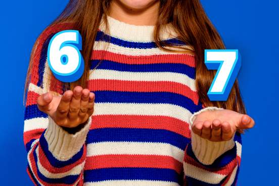 the numerals 6 and 7 superimposed over the outstretched hands of a young woman 