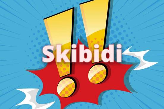 two exclamation marks set in a comic book style and skibidi text