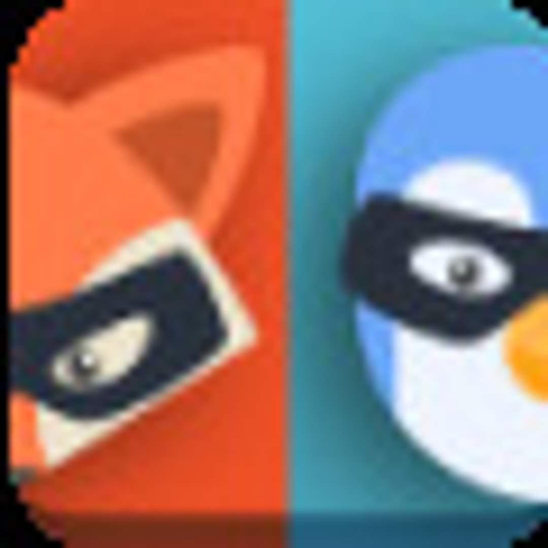 pilfer game icon - a cartoon fox and penguin square off both wearing bandit masks