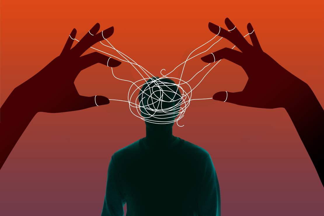 illustration of gaslighting two large hands twirl string around a the head of a figure in silhouette