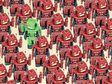 one green toy robot amidst many red toy robots