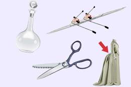 collage with pinking shears decanter bustle sculling on a purple background