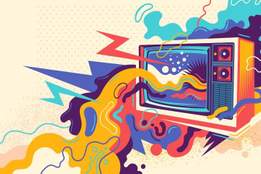 retro style illustration of a tv with shapes and lightening bolts coming from the screen