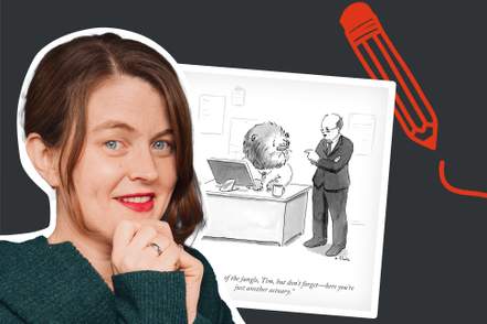 silhouette of cartoonist emily flake with one of her new yorker cartoons showing a lion working at an office desk