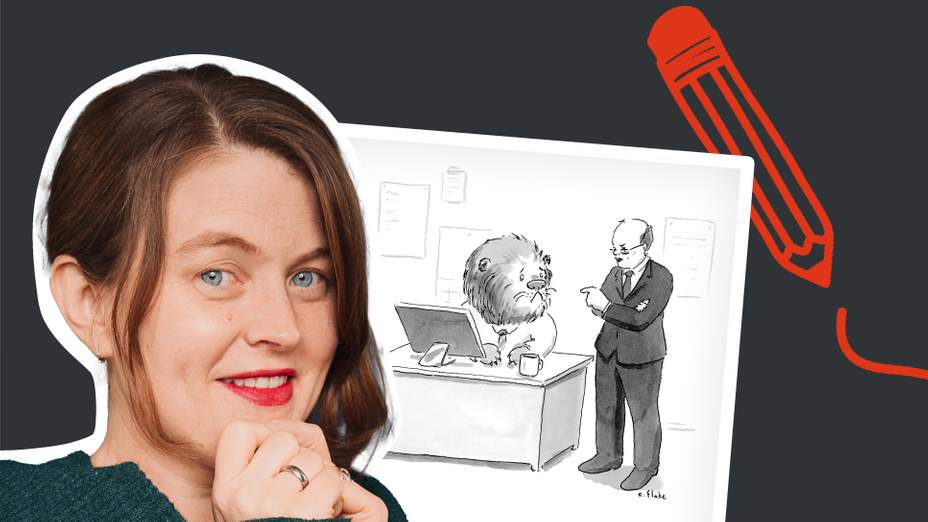 silhouette of cartoonist emily flake with one of her new yorker cartoons showing a lion working at an office desk