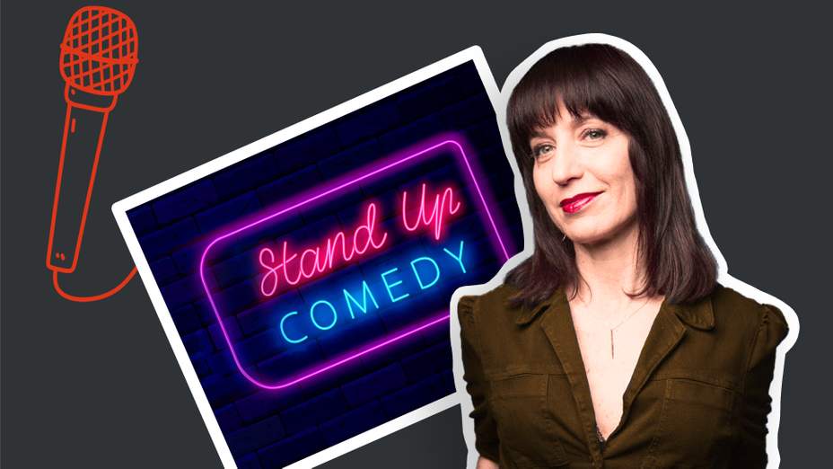 stand up comedian ophira eisenberg stands up in front of a neon sign that says stand up comedy
